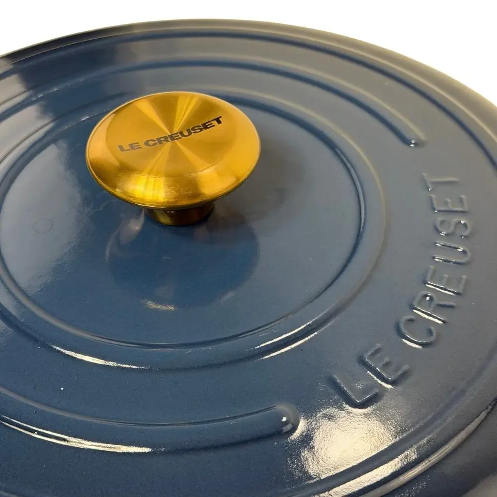 LE CREUSET #32 Round LID ONLY Ink Blue with Gold Knob Cast Iron Dutch Oven EUC